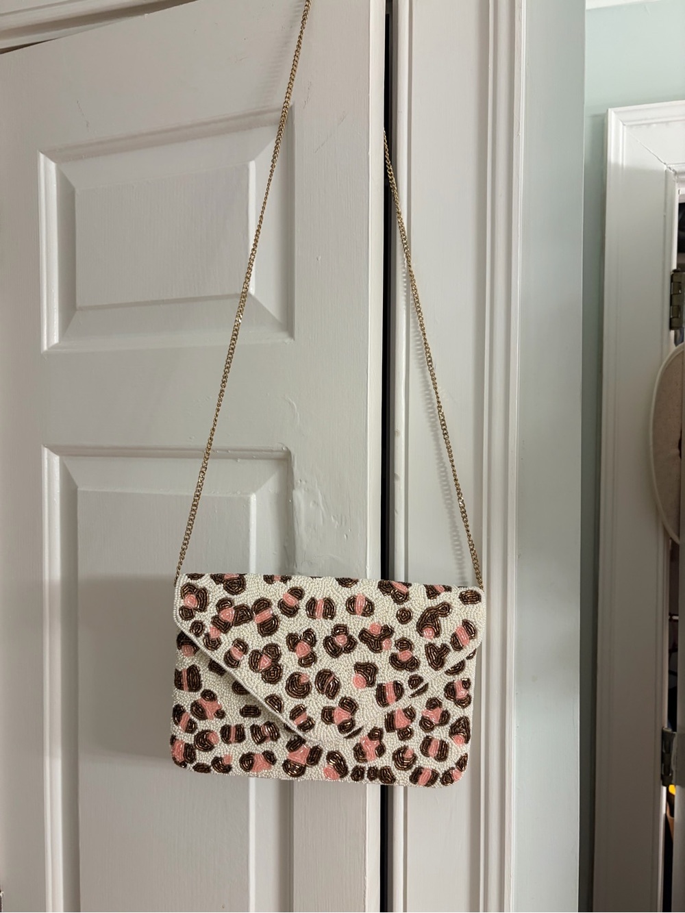 Leopard Print Beaded Crossbody Clutch in Pink and Brown